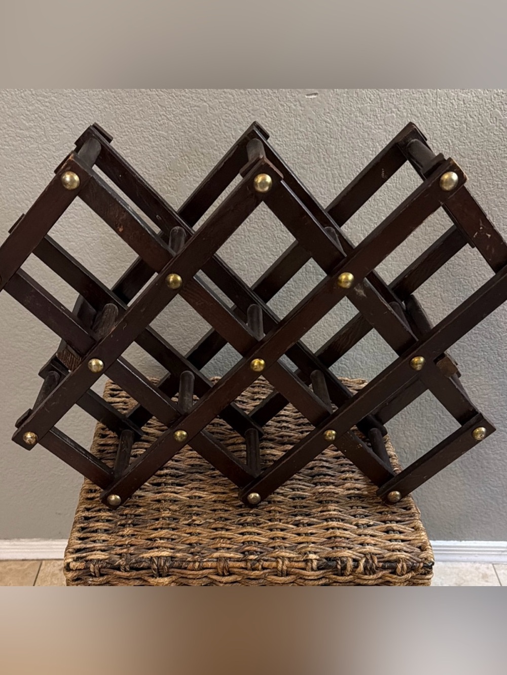 1970’s Vintage Dark Wood Wine Rack Accordion  Wine Bottles Holder W/ Brass